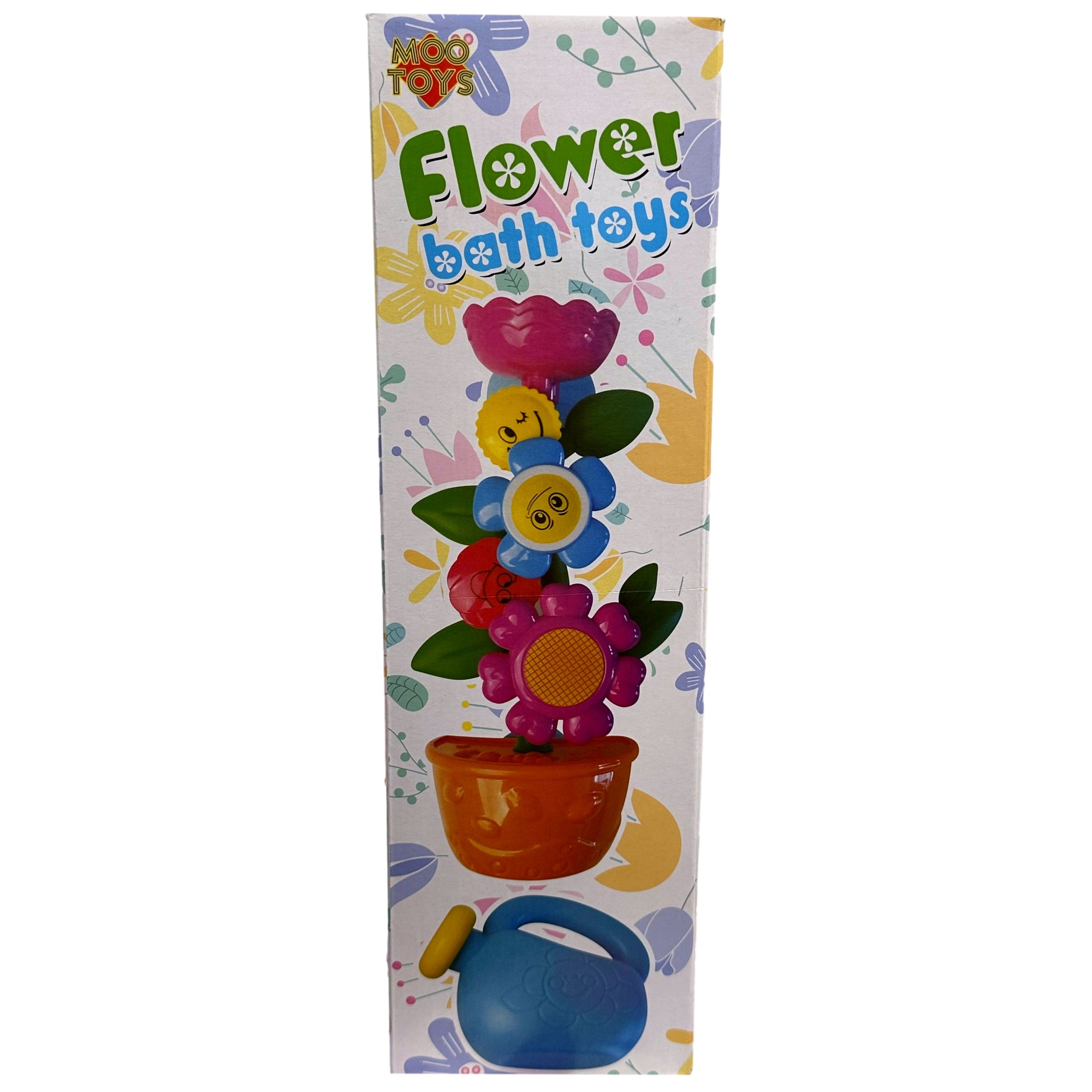 Box of "Flower bath toys" with an illustration of a cascading flower water toy.
